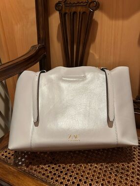 ZAC Zac Posen Pale Grey Leather Tote with Gold Hardware and Adjustable Straps